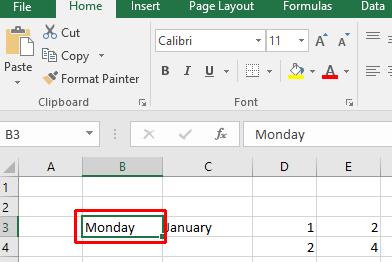 Excel 2016 Foundation Page 60 Click on cell B3 which contains the word Monday.