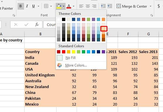 Excel 2016 Foundation Page 87 TIP: Be careful when applying background fill colors as it may make any text within the