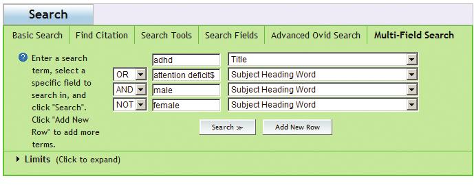 Multi-Field Search Use Multi-Field Search to search multiple concepts in specific fields and easily combine your concepts together using your choice of AND, OR, or NOT Boolean operators.