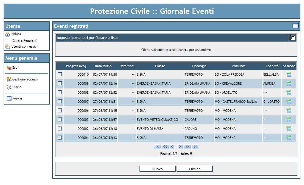 4. Event management By selecting the Eventi entry of the menu, it is possible to access a page including the list of events registered into the system (Figure 7), which represent the core of the