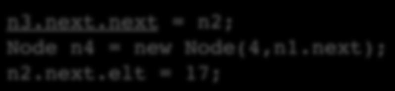 Node(int e0, Node n0) { elt = e0; next = n0; public static void main(string[] args) { Node n1 = new