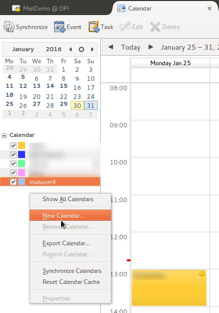 Using External Clients 7.2.1 Example Using Thunderbird and Lightning Go to the calendar view and right click in the calendar section then click New Calendar.