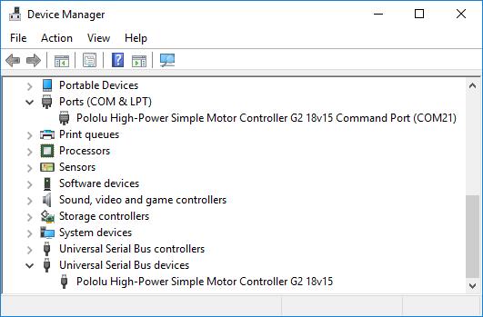 Windows 10 Device Manager showing the Simple Motor Controller G2.