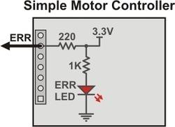 Schematic diagram of the Simple Motor Controller ERR pin when the pin is an output (i.e. there are errors). Schematic diagram of the Simple Motor Controller ERR pin when the pin is an input (i.e. there are no errors).