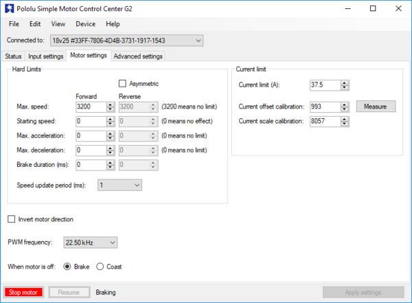 Motor settings tab in the Pololu Simple Motor Control Center G2.