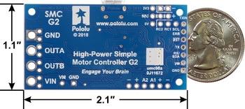 High-Power Simple Motor Controller G2 18v15 or 24v12, bottom view with dimensions. Pinout diagram of the High-Power Simple Motor Controller G2 18v15 or 24v12.