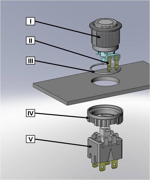 4 ASSEMBLY 4.1 Installation Legend I II III IV V = Housing Assembly = Flat Pin Terminals (illumination) = Gasket = Screw Nut = Module Switching Contact Installation instruction 1.