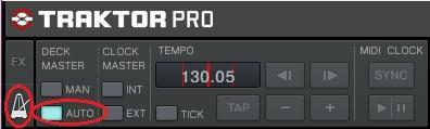 Extra Info: SYNC / MIX IN SYNC For using SYNC in TRAKTOR PRO, set Master Clock as following: (TRAKTOR PRO Main Window, upper left corner) If you want the tempo (pitch-fader) of the loaded (not