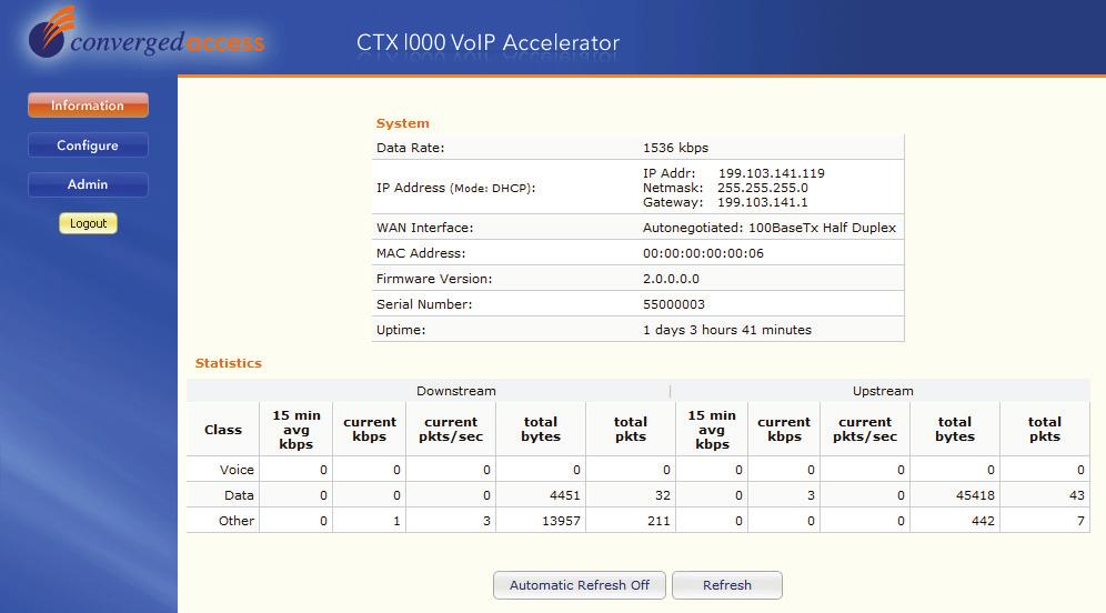 Setting up the CTX 1000 Information Page System Section The system section of the Information page shows: Field Description Data Rate Configured Upstream and Downstream data rate.