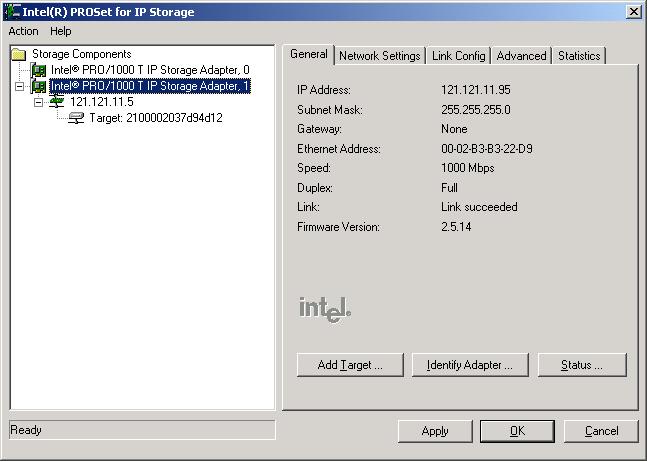 3. The Intel PROSet for IP Storage window contains five configuration tabs.