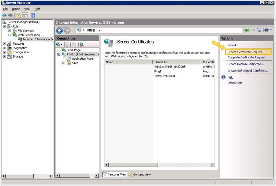 Generating and Configuring APNs Certificate The IIS version 7.0 is used to configure APNs certificate in this document. 3. From the Actions pane on the right, click Create Certificate Request.