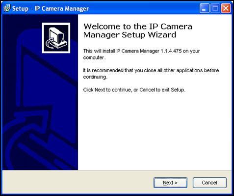 1.3 You will be presented with the IP Camera Manager setup wizard. The wizard will guide you through the Storage Options IP Camera software installation process. Click Next to continue.