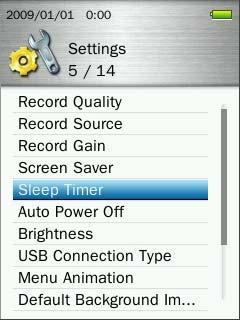 Sleep Timer This function sets a time delay to automatically power OFF the MP860, regardless of playback status. 1. In the SETTINGS menu, use the / buttons to select Sleep Timer and press. 2.