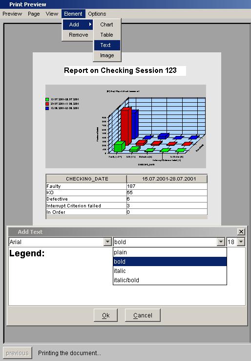 Figure 4 38: Print preview window adding the elements of the report The print preview dialog offers a number of different editing tools.