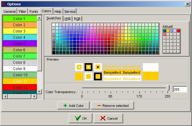 1. Q - M O N I T O R O P T I O N S Colors tab card On this tab card, the general color definition for all report types is executed. Cf. section 2.