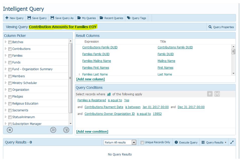 6. In the Query Conditions area, indicated below, click in the area to the right of Contributions Owner