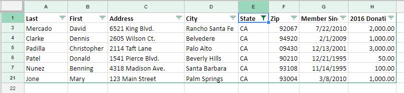 To display only those members that live in California, click the down arrow next to Sate.