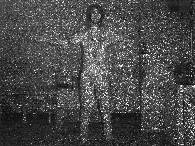 Fig. 2. Example IR, depth and RGB output images from the Kinect. Depth is calculated onboard from the distortion of the IR pattern and is given relative to the position of the IR camera.