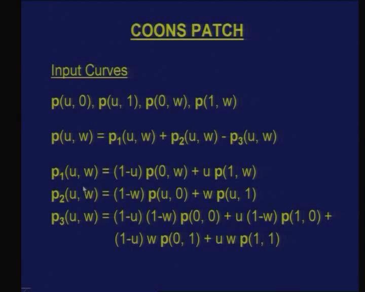 If I input these then a Coons patch can defined using a definition like this. So these are the four boundary curves which I have reproduced here.