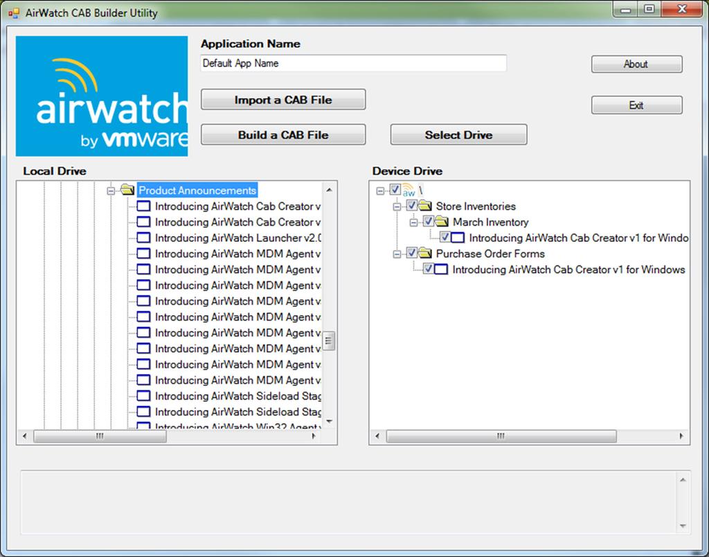 This feature allows you to create one custom CAB file that contains all the CAB files you must install on a device. You can also use the AirWatch Cab Creator to edit any existing CAB file on your PC.