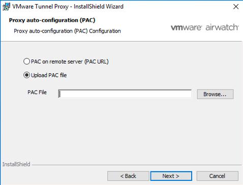 Chapter 6: Install the VMware Tunnel Basic (Windows) 6. Specify whether you are using Proxy auto-configuration (PAC) files as part of your VMware Tunnel Proxy installation.