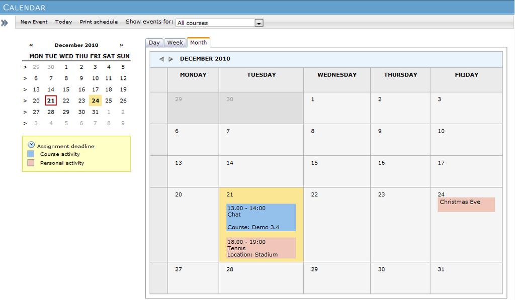 7. Calendar In the Calendar, you get an overview of scheduled course activities including your personal activities. The toolbar contains functions for managing the calendar.