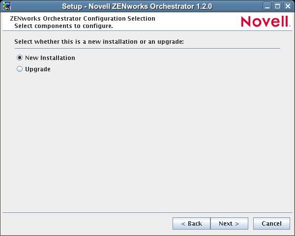 NOTE: Although the Upgrade option is available on this wizard page, upgrading to a newer version of ZENworks Orchestrator is not supported from versions newer than 1.2.0.