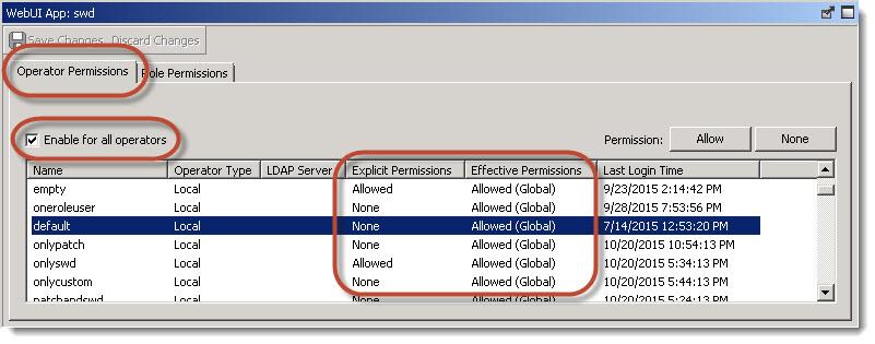 1. Select the desired Operator and use the Allow or None buttons to set the explicit permissions for that