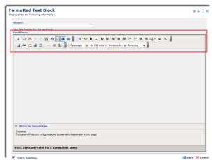 Click Formatted Text Block. You will now see the link below on your page. 6. Click the new link, Click here to define the Formatted Text Block element. The rich text editor opens.