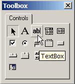 Toolbox contains controls buttons, text boxes etc Click on text box button Add a text box, name it txtpart Labels