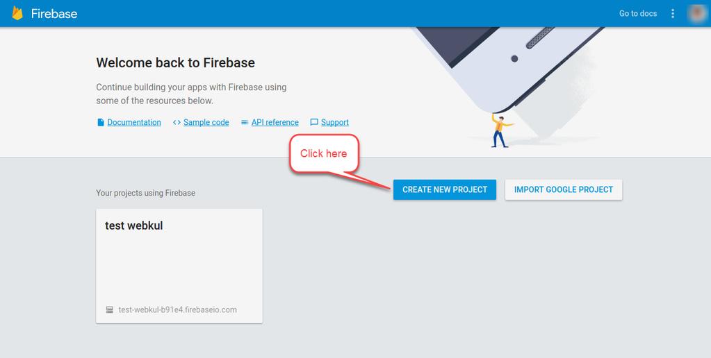 1. After opening Firebase page, please click CREATE NEW PROJECT button as shown in the above screenshot. 2.