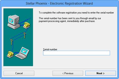 5. In Welcome to Stellar Phoenix - Electronic Registration Wizard, click Next. 6. Type the serial number (received through email after purchasing the product) in serial number field. Click Next. 7.