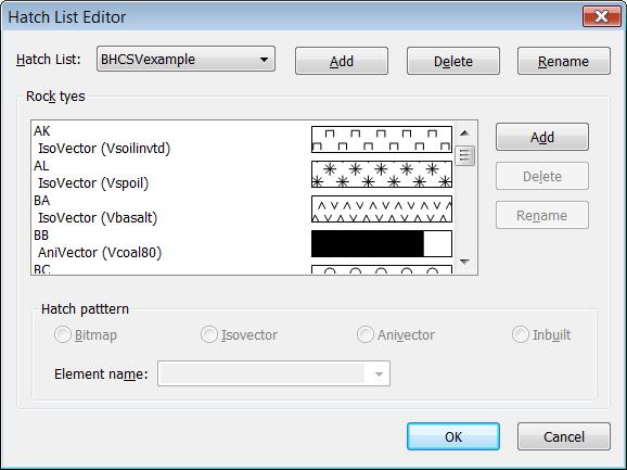 Figure 11: The Hatch List Editor dialog box Three types of hatch patterns are available for use within MEGS_Log to draw the graphics associated with each rock type bitmaps (fixed resolution images),