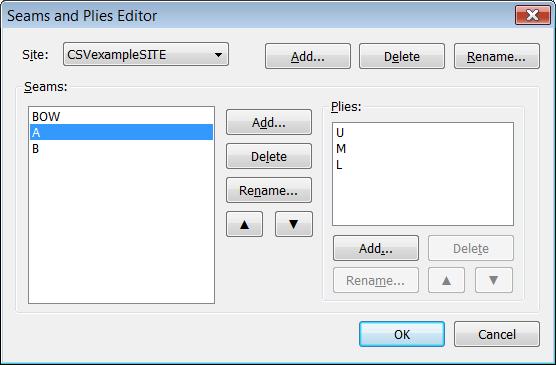 Figure 13: The Seams and Plies Editor dialog box When you edit aspects of MEGS_Log configuration (schemas, hatch lists, seams and plies, etc) your changes will be saved to the configuration file