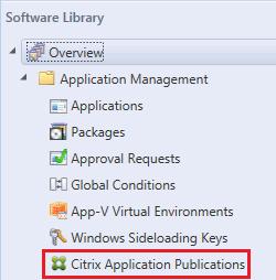 A Citrix Application Publications node under Software Library > Application Management. Items in this node are published across all Citrix Delivery Sites.