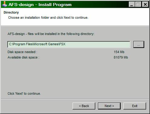 Installation for FSX 1. For FSX download the AFS- -FSX.exe to a temporary directory of your choice. 2. Please start the AFS- -FSX.exe and install. 3. Set in.