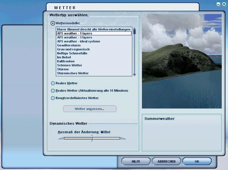 Choice of a AFS-weatherthemes screenshot from German flight simulator version In select weather choice 3 different AFS weatherthemes AFS-weather 1