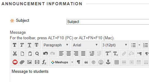 Post an Announcement The Announcements page, by default, is the first page students see upon entering a course. Use this tool to post helpful updates and course information. 1.