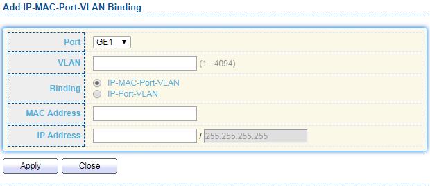 Click "Add" or Edit button to view the Add/Edit IP-MAC-Port-VLAN Binding menu.
