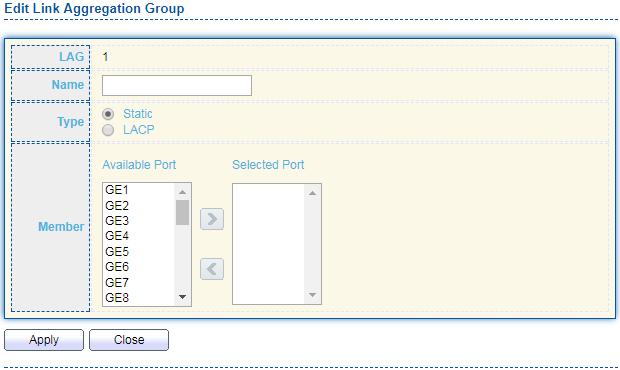 Active Member Inactive Member Active member ports of the LAG. Inactive member ports of the LAG. Click Edit to edit Link Aggregation Group menu.
