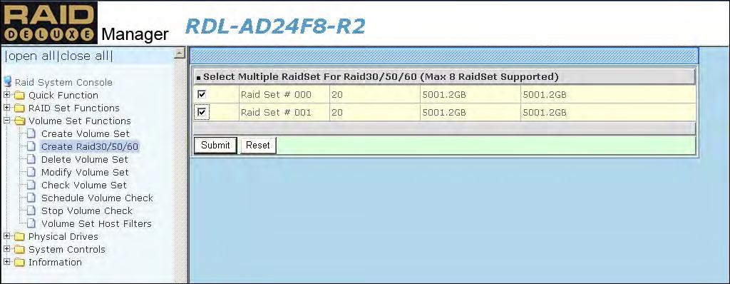 5.3.2 Create Raid 30/50/60 To create a Raid30/50/60 Volume Set, move the mouse cursor to the main menu and click on the Create Raid30/50/60 link.