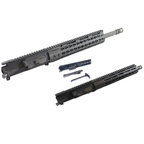 We offer several calibers of ready to pin to your AR 15 lower, uppers complete with Bolt Carrier and Charging Handle. 9mm, 5.56/223/Wylde, 300 Blackout, 7.