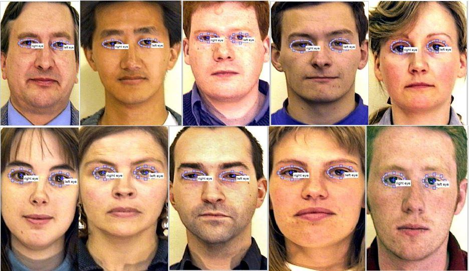 Some samples of images from PICS database that are passed though the proposed method processes (eye detection after skin detection) are shown in Fig.