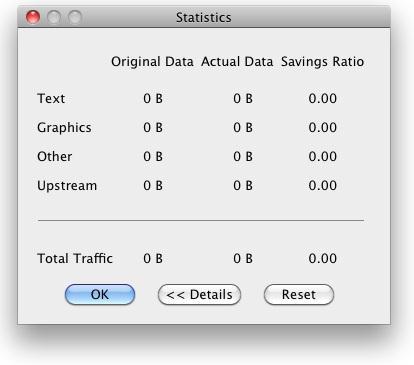 The Statistics dialog box displays three types of information on three columns: Information Original Data Actual Data Savings Ratio Description Size of the original (uncompressed) data.