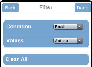 Running an Active Technologies Report on a Mobile Device The following image shows a sample Filter menu. In this example, the default condition is Equals and the default value is Alabama.