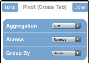 Running an Active Technologies Report on a Mobile Device The following image shows a sample Pivot (Cross Tab) menu.