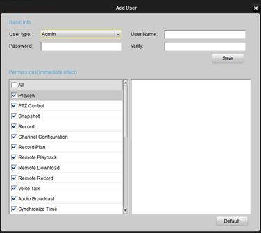 Figure 3.14 Add User There are two parts of the dialog box of Add User: Basic Information and User Permissions.
