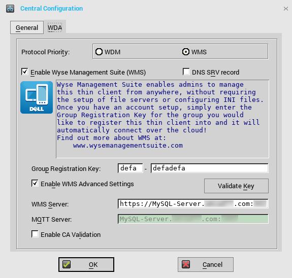 The Central Configuration window is displayed. 2 Click the WDA tab. WMS is selected by default. NOTE: WDA service automatically runs after the client boot up process is complete. Figure 17.