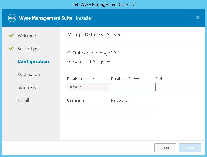 Figure 21. Embedded Mongo Database Server If External MongoDB is selected, then provide user name, password, database server details, and the port details, and click Next.