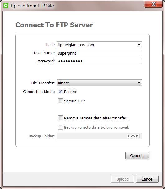 9 This opens the Upload from FTP Site dialog, where you enter the settings for the FTP connection: 2. In Host, enter the name of the FTP server that hosts your files.